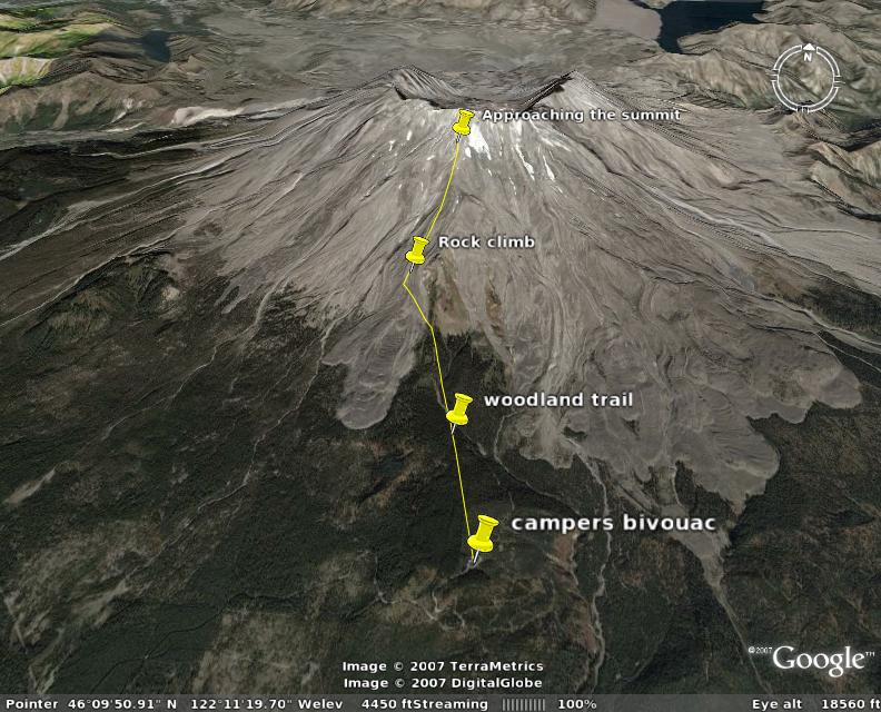 A map of St. Helens and the trail to the top